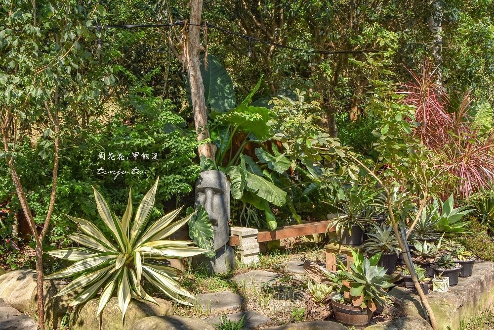 丸山咖啡 Play Mountain 多肉與熱帶植栽花園,點綴石雕人面